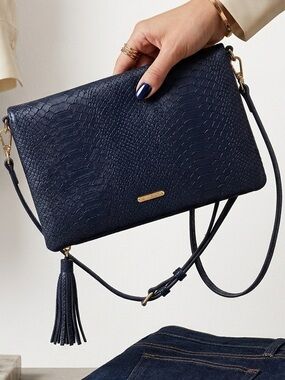 GiGi New York Stella Foldover Clutch Crossbody Navy Blue Embossed Python Leather